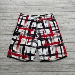 Split Board Shorts Men's 32 Red Black White Abstract Athletic Mesh Lined Surfer